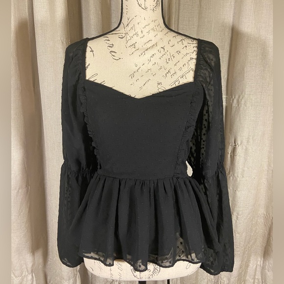 Coquette Sweetheart Dotted Mesh Ruffle Black Express Top - Picture 1 of 4